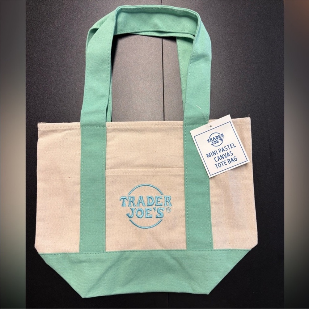 Trader Joe's Mini Pastel Canvas Tote Bag Green Teal Easter Mini Tote NEW